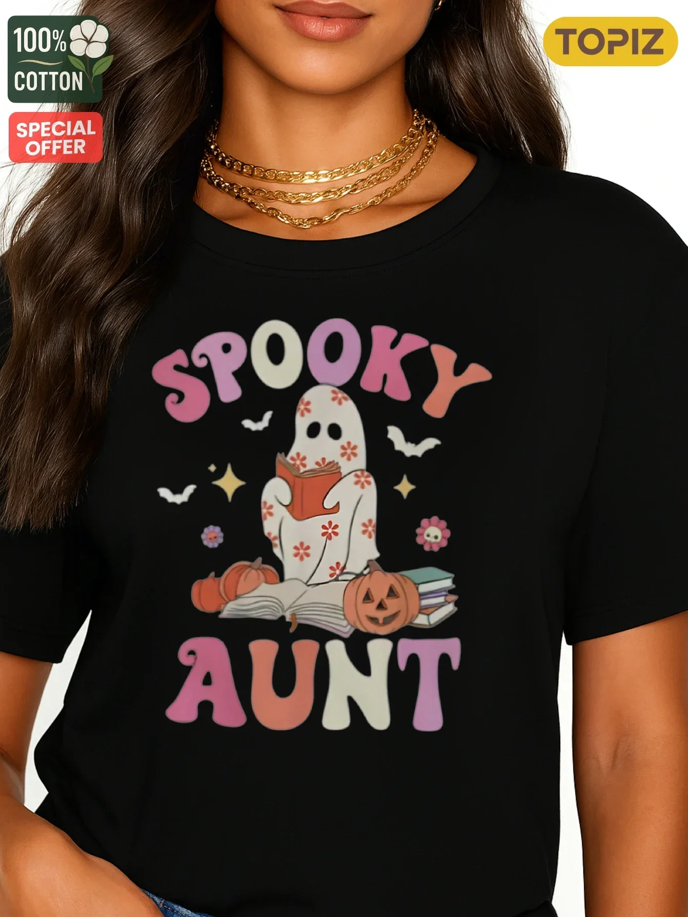 تي شيرت نسائي قطعة واحدة، قميص كاجوال بأكمام قصيرة ورقبة دائرية، كتاب قراءة شبح العمة المخيفة للهالوين، قطن 100%، ملابس ساخنة، للنساء