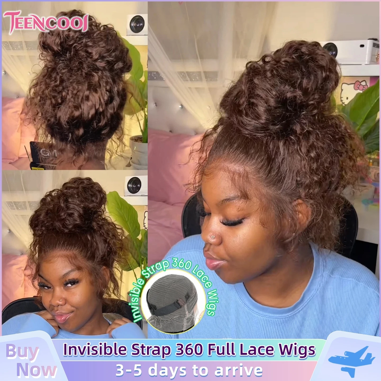 

Brown Invisible Strap Water Wave 360 Full Lace Wig Human Hair Pre Plucked hd Lace Front Wig Dark Brown Drawstring Deep Wave Wigs