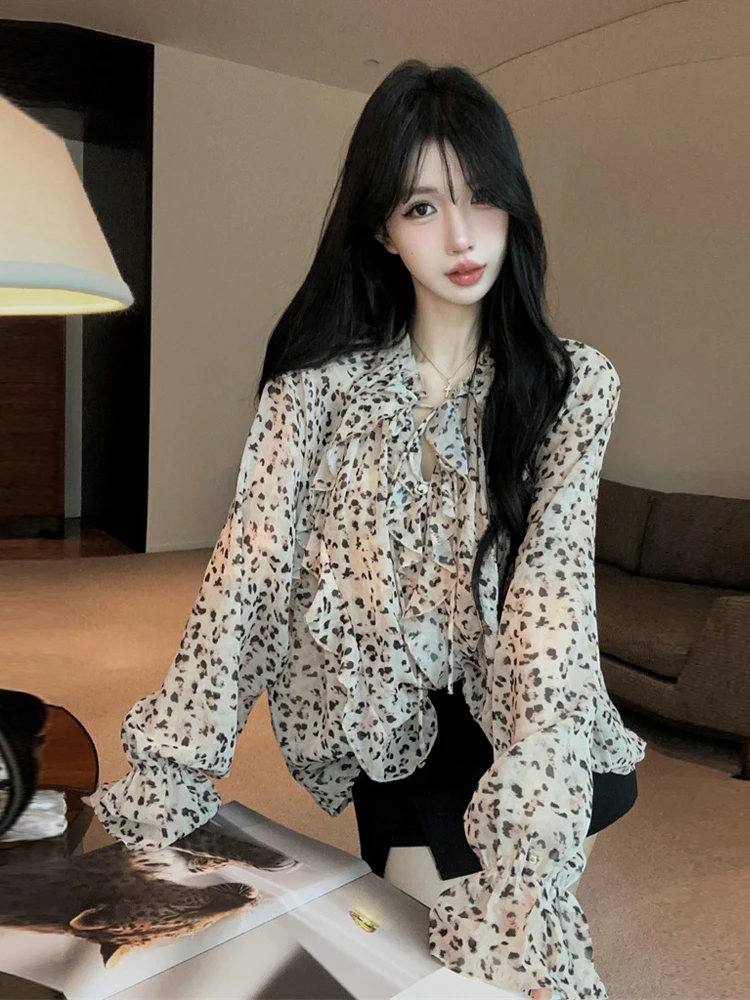 Retro Lace Trim Belted Leopard Print Loose Semi-Transparent Long Sleeve Chiffon Top Stylish Outerwear Casual V-Neck Women's S...