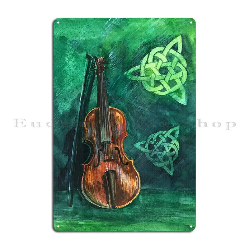 Irish Violin Fiddle On Emerald Background With Celtic Ornament Metal Plaque Poster Pub Plates Garage Tin Sign Poster