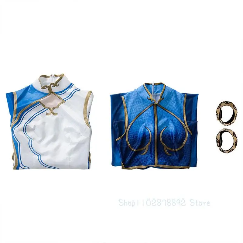 Chun Li vestido cosplay para mulheres, traje Qipao, roupa de saia azul, macacão sexy, traje disfarçado de festa de Halloween, jogo SF