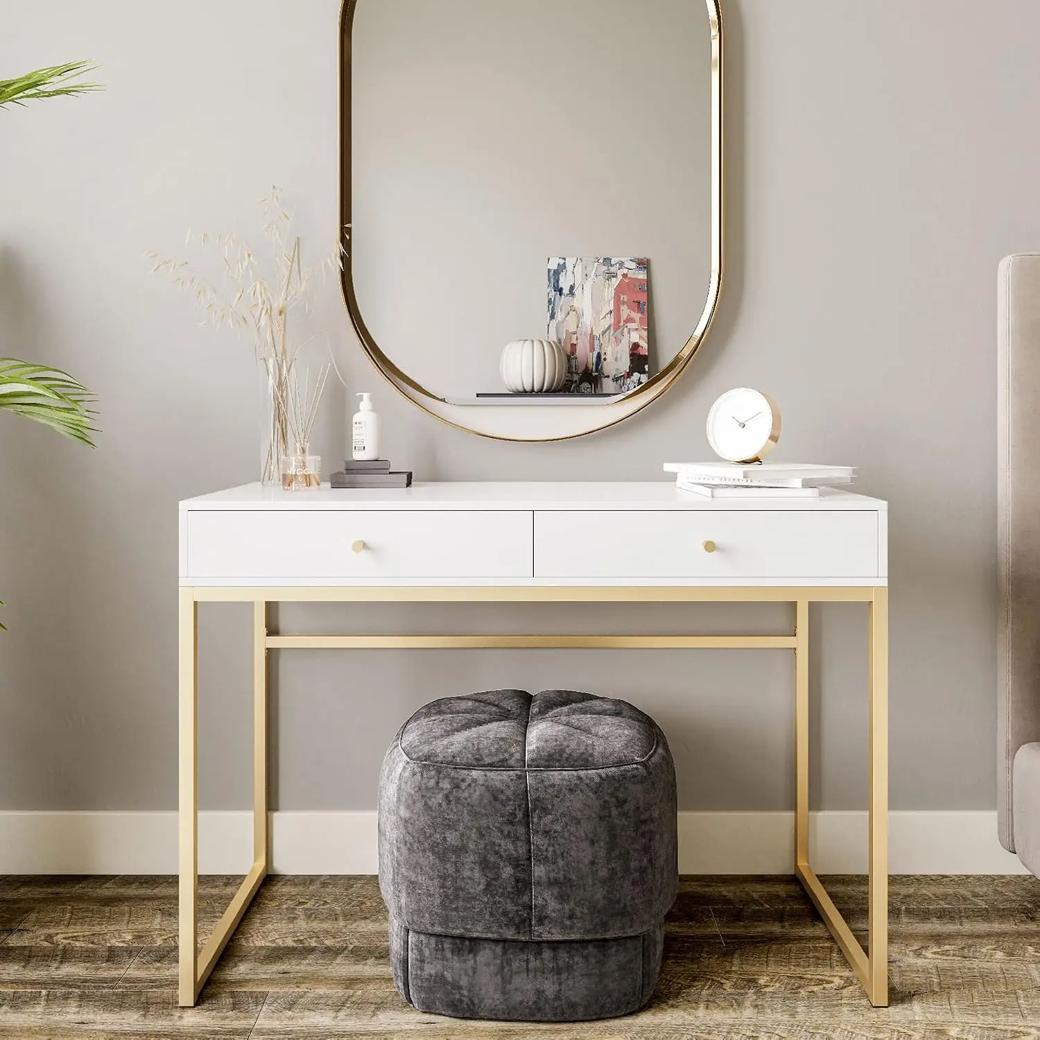 Modern 42 Inch Makeup Vanity Dressing Table or Home Office Computer Laptop Writing Desk with Two Storage Drawers, Wood Top, and