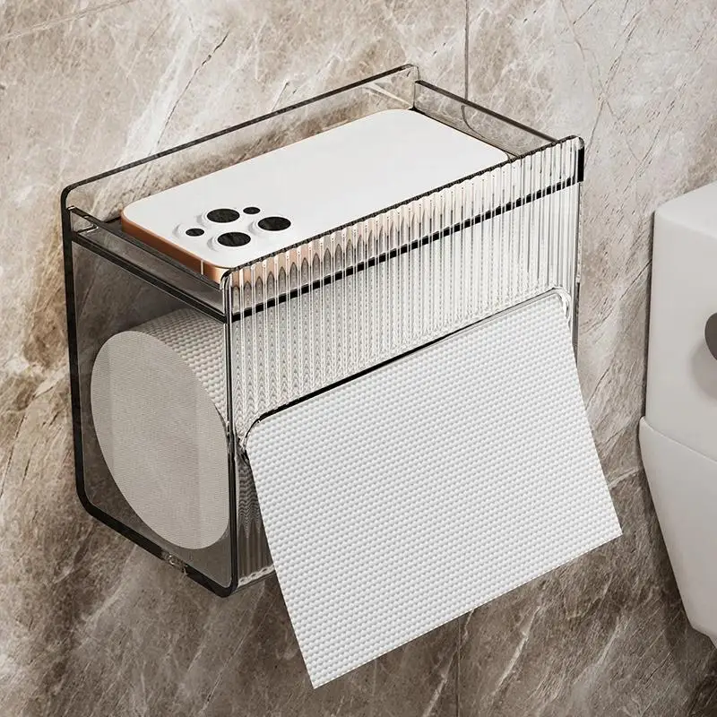 @*Clear Acrylic Wall-Mounted Toilet Paper Holder with Multi-Function Top Phone Storage Shelf for Apartment