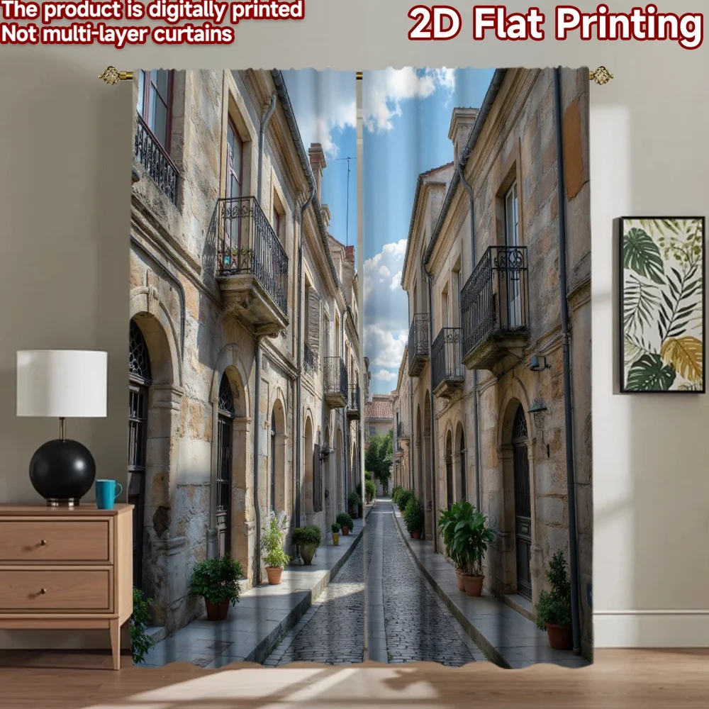 2D flat 2pcs Curtain Modern Minimalist Style Old Stone Street Digitally printed polyester, colorfast Holiday Decorations Perfect