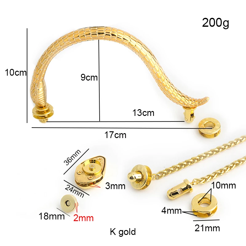 1-5Sets K Gold Color Tote Bags Snake Handle Locks Handbags Purse Shoulder Replacement Chain Clasps Buckles Hardware Accessories