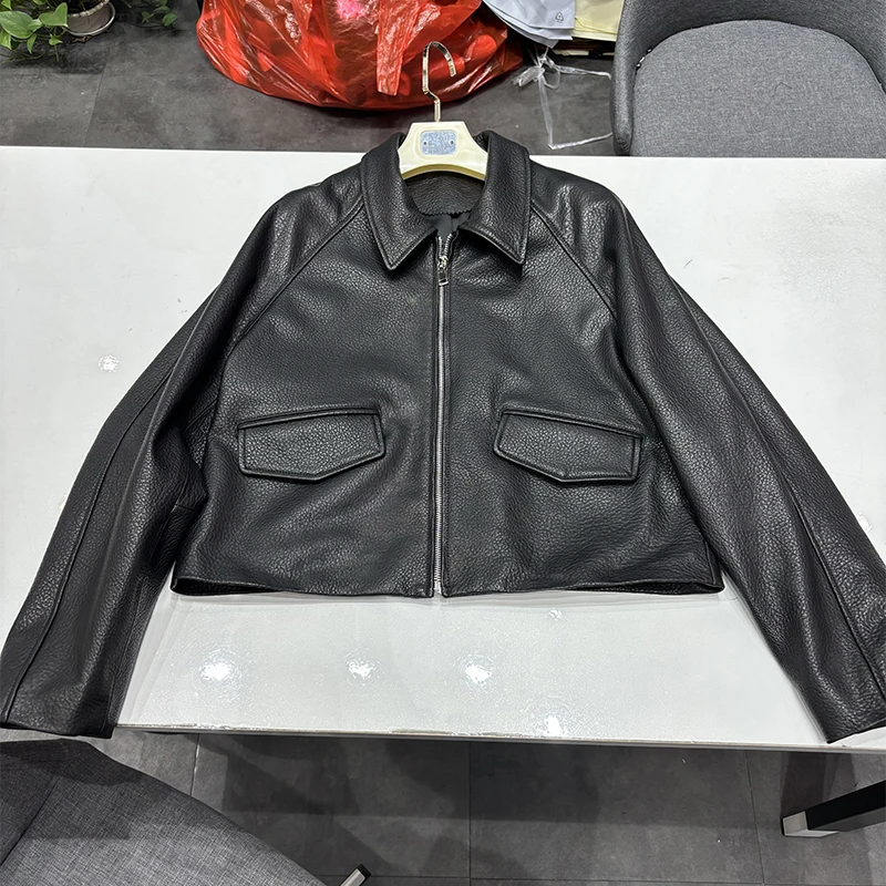 2025 Wiosenna damska czarna kurtka z prawdziwej skóry owczej