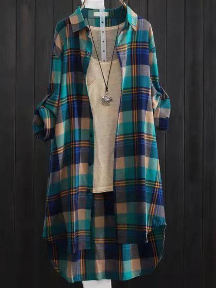 Casual Plaid Thick Midi Length Shirt Women 2024 Autumn Korean Fashion Polo Neck Single Breasted Winter Loose Blouses