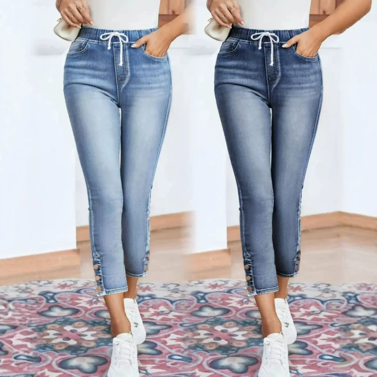 Women Skinny Denim Jeans Shorts Drawtring High Waist Stretch Calf Length Short Jean Pencil Pants