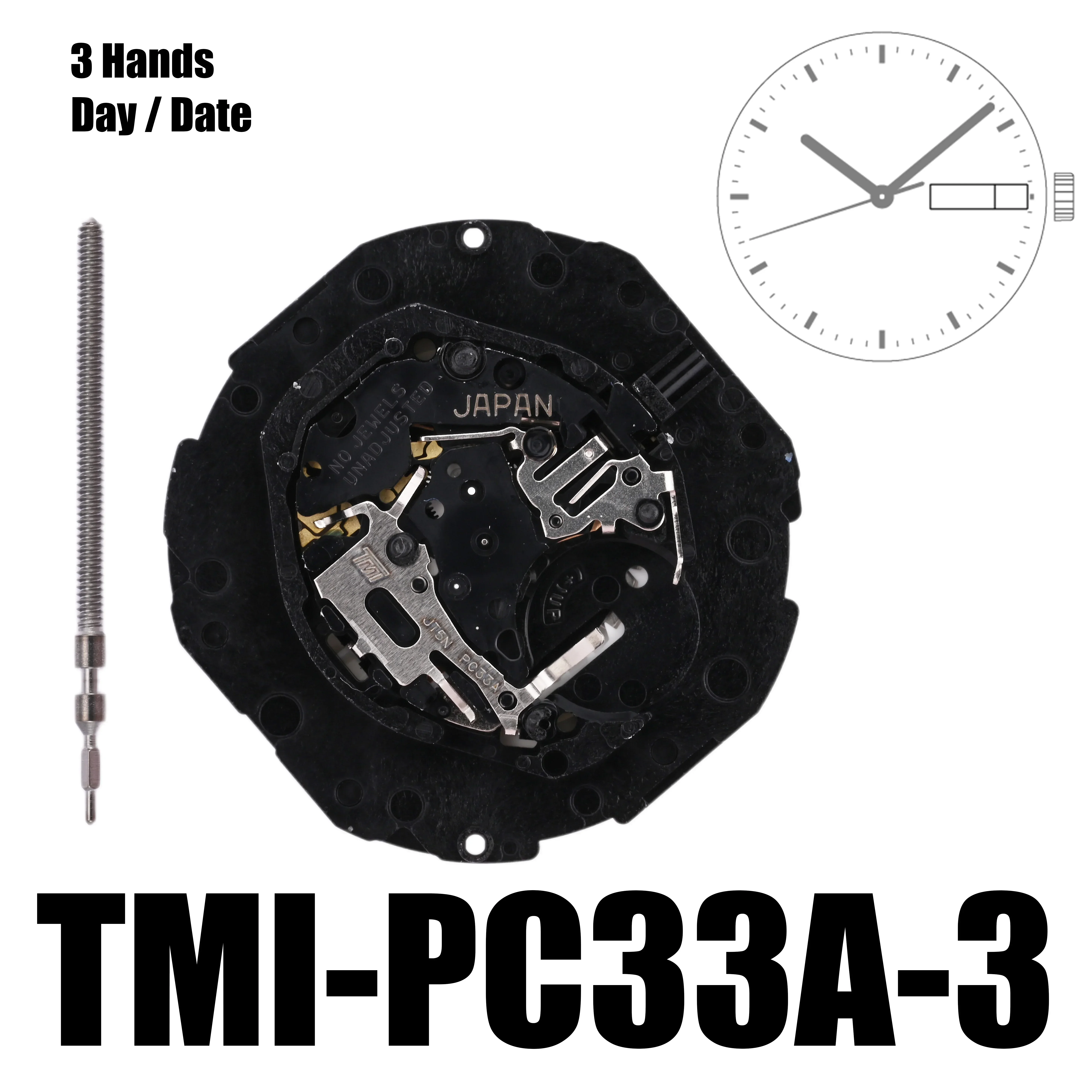 TMI-PC33A Standard Dual Calendar Movement - PC33A Quartz Movement 3 Hands Day / Date Size: 10 ½‴ Height: 4.15mm