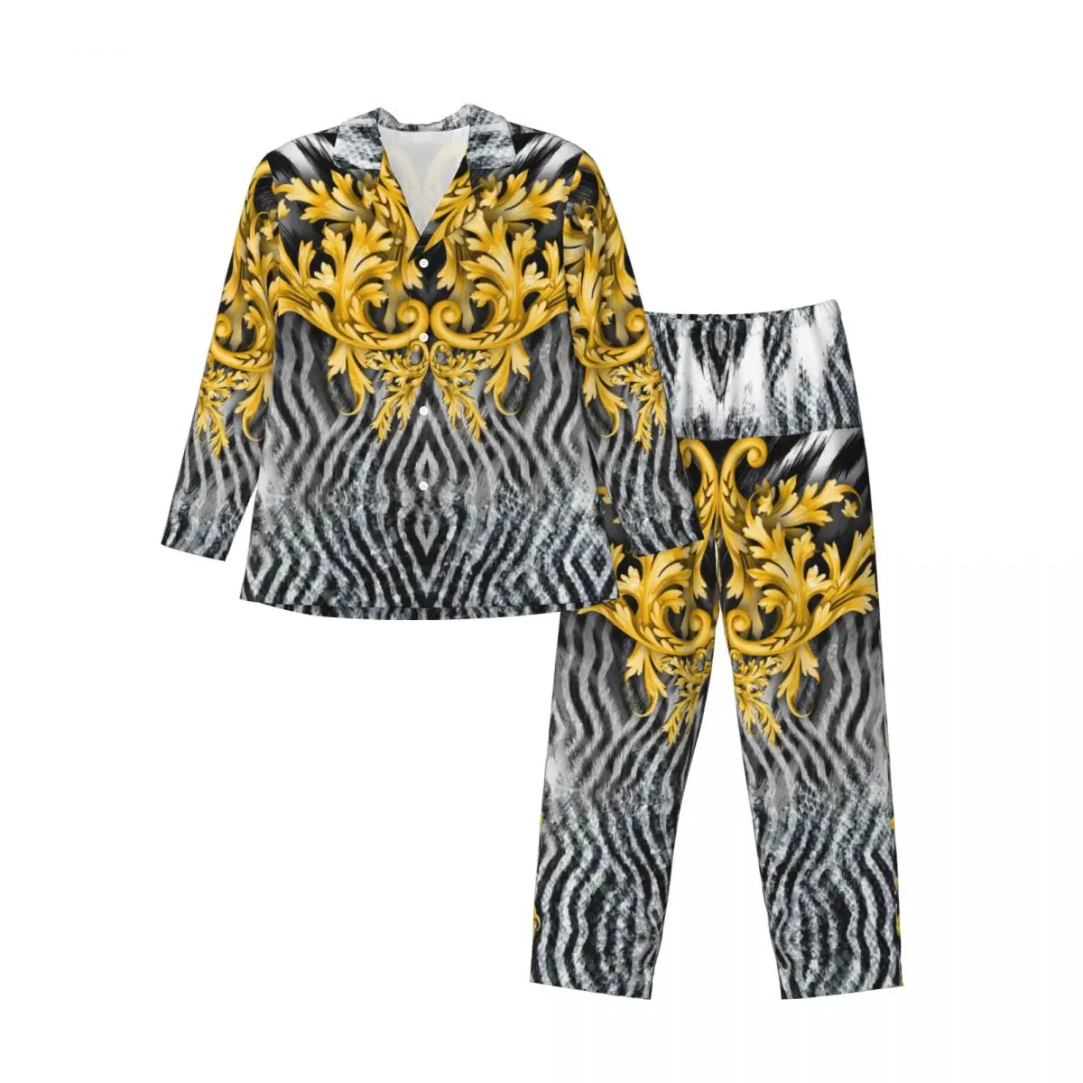 Men's Home Suits Long-sleeved Golden Baroque With Mixed Animal Skin Suits for Autumn and Winter Pajamas for Men