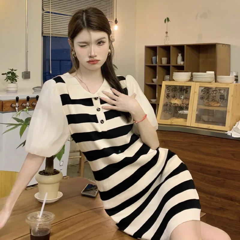 Contrast Striped Pol0 Neck Bubble Short Sleeved Dress for Women 2024 Spring/summer New Knitted Casual Style T-shirt Skirt