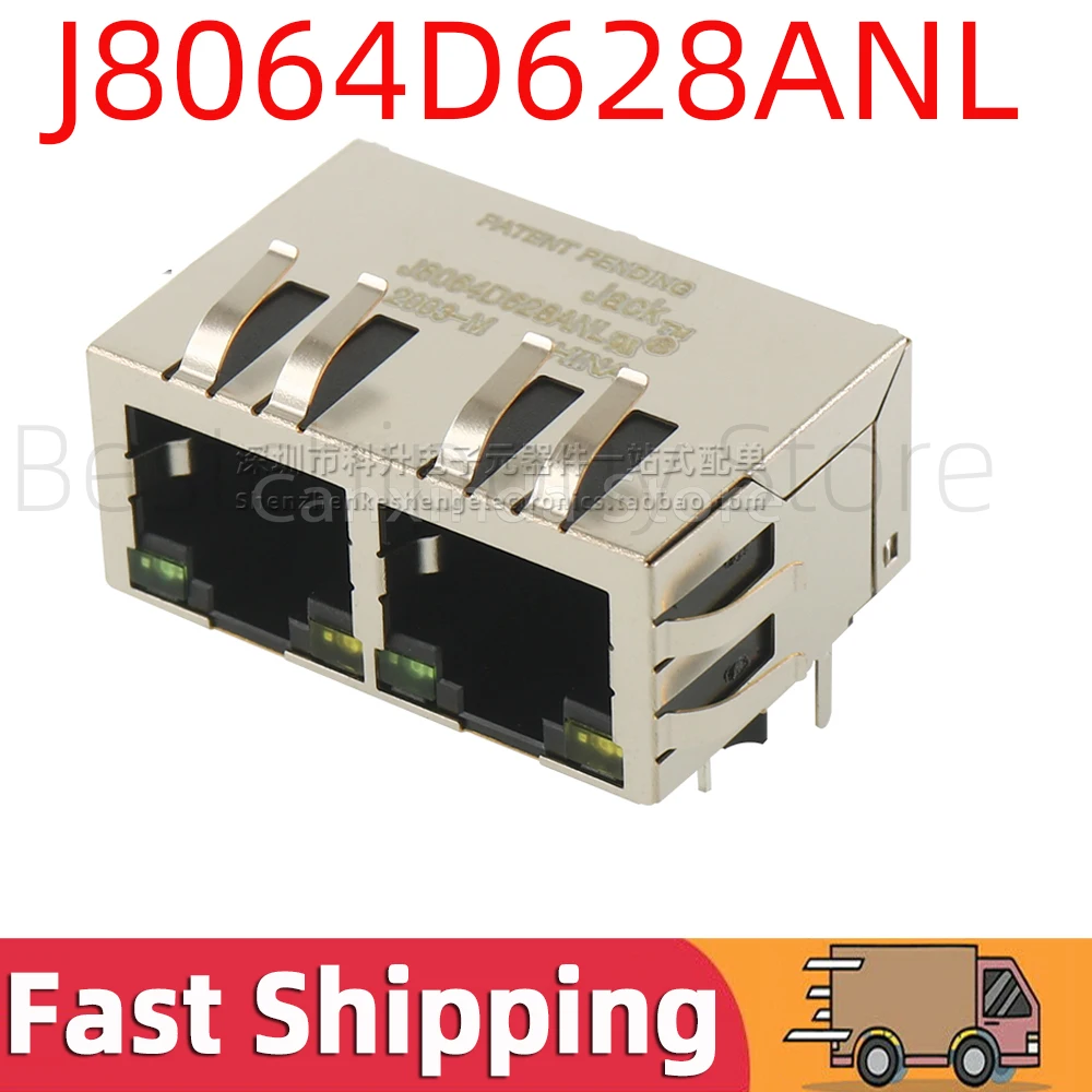 2pcs J8064D628ANL RJ45 Jack 1x2 Double Port Tab Down with LED Magnetic Interface Fast Ethernet Connector 100 Base-T Network