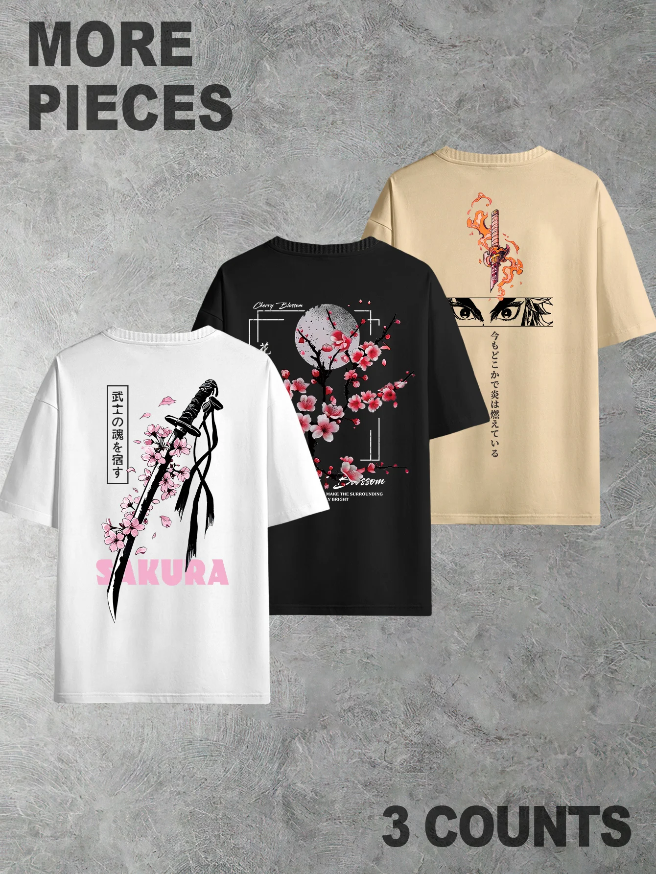 Men's 3 Pack Graphic T-Shirts Japanese Sakura Samurai Print Oversized Streetwear Casual Short Sleeve Crew Neck Tees