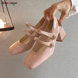 pink Pumps pu heels mary jane shoes for women block heel buckle strap sexy ladies dress pumps  party wedding shoes white pear