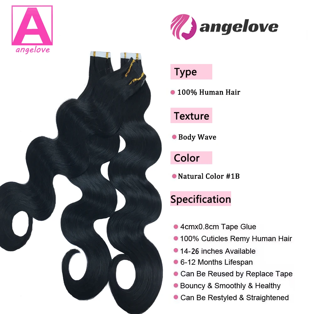 Body Wave Tape in Hair Extensions 18 20 22 Inch Natural Black #1B Hair Extensions 50G 20 Pieces Real Human Hair for Woman