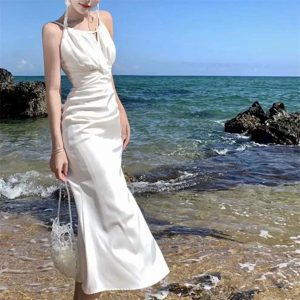 

Spring Summer French Retro Halter Strap Dress For Women Satin Fish Tail Dresses Korean High-Level Feeling Long Dress Korean