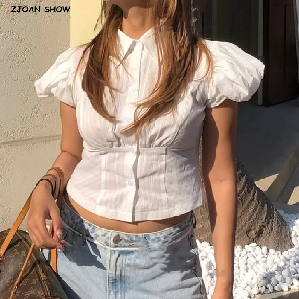 

Stylish White Striped Lapel Collar Short Puff Sleeve Shirt Women Slim Waist Open Buttons Blouse Girl's Tops