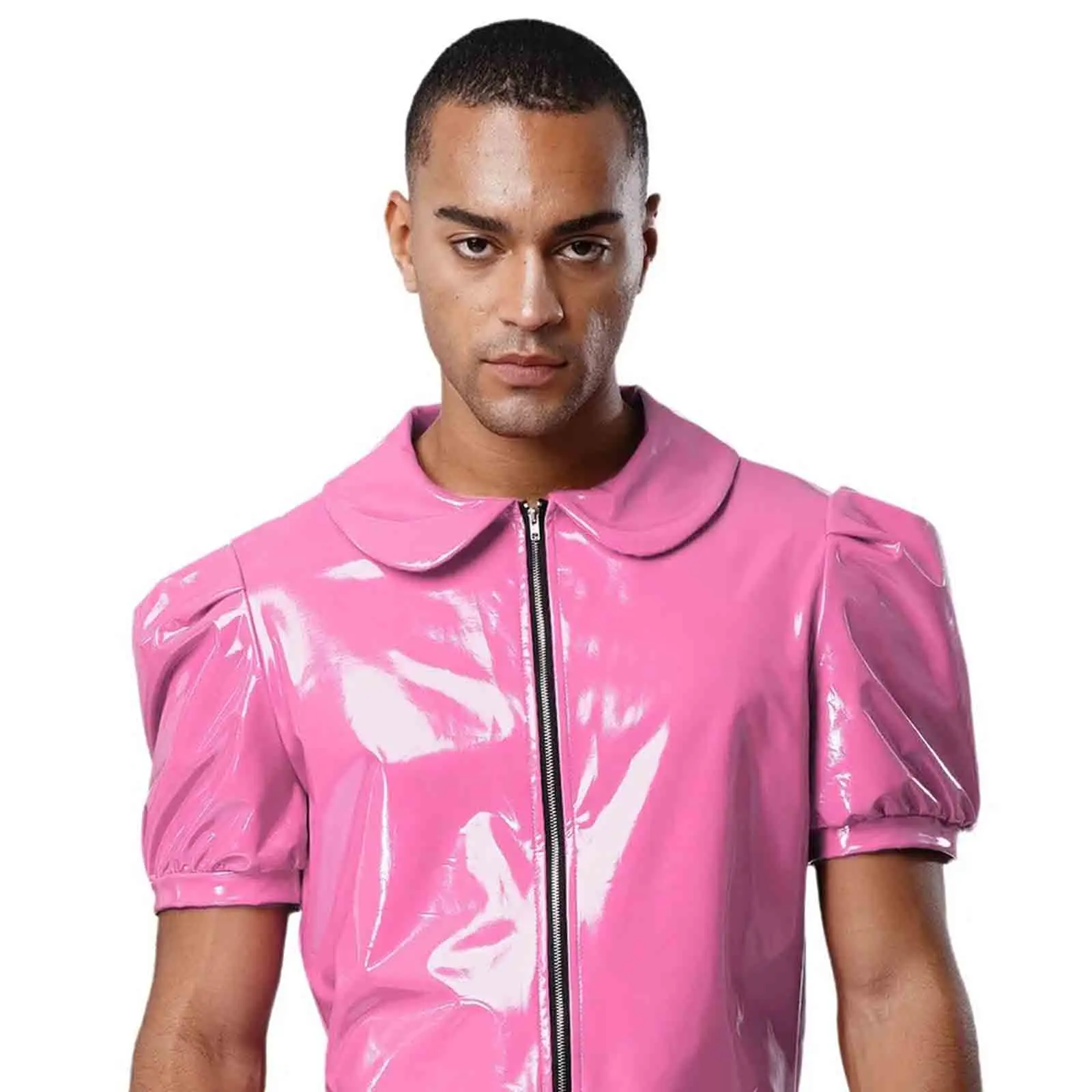 

Men‘s Gays PU Leather Lace Trim Bodysuits Short Sleeve Transgender Cross Dressing Outfits for Nightclub Party Role Play Outfits