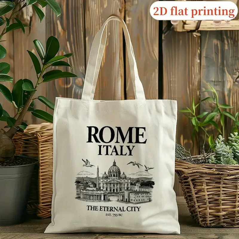 New Artistic Rome Italy Skyline Print Canvas Tote Bag Beige Eco-friendly Shoulder Bag Casual Reusable Bag for City Lovers