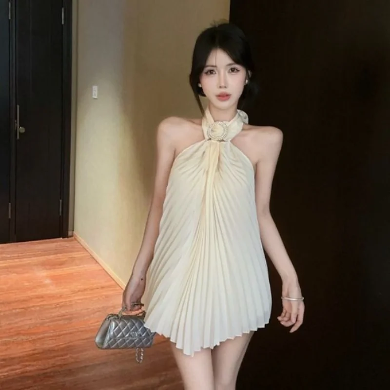 Women's Ivory Halter Neck Pleated Mini Dress Rhinestone Detail A-Line Party Dress