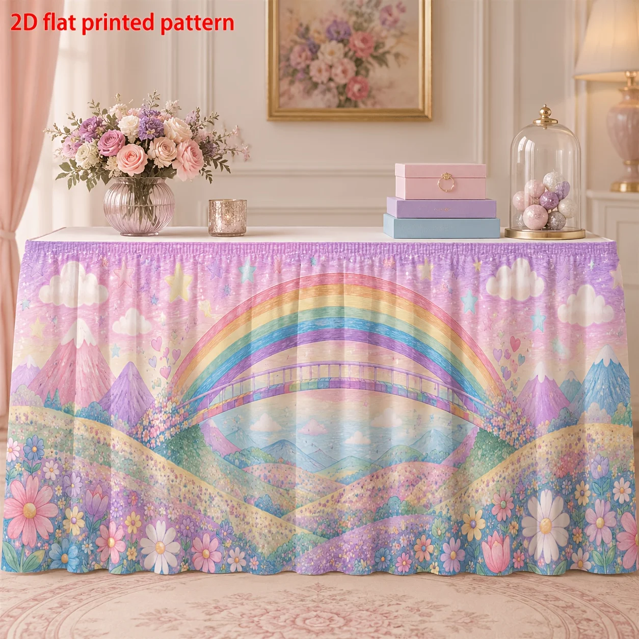 Pack of 1, Pastel Rainbow Lawn Table Skirt Table Cover - Suitable for Dinner Parties, Fairy Theme Decorations