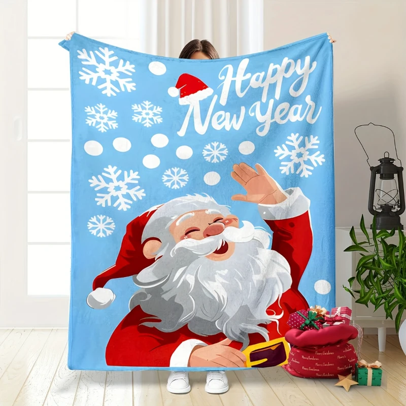Santa Claus Happy New Year Print Throw Blanket,warm,bed,living room sofa,lounge,ideal for holiday gatherings,birthday present