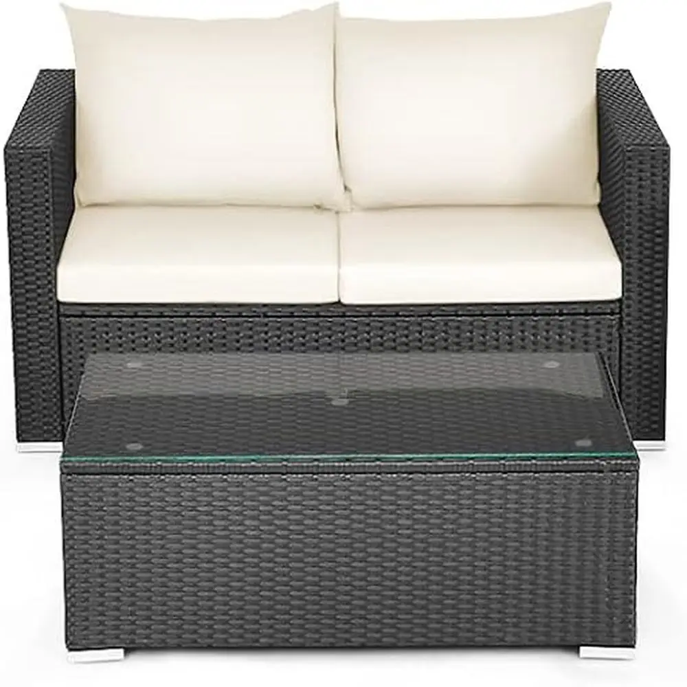 

Patio Rattan Furniture Set, Cushioned Sofa Chair, Loveseat and Coffee Table with Tempered Glass Top, Outdoor Conversation Sets f