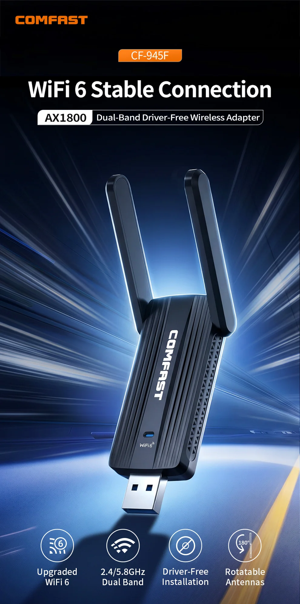 COMFAST WiFi6 USB Wifi Adapter 2.4G&5G AX1800 High Speed USB3.0 Wireless Dongle Network Card ZT9612U WiFi6 Adapter For Win10/11