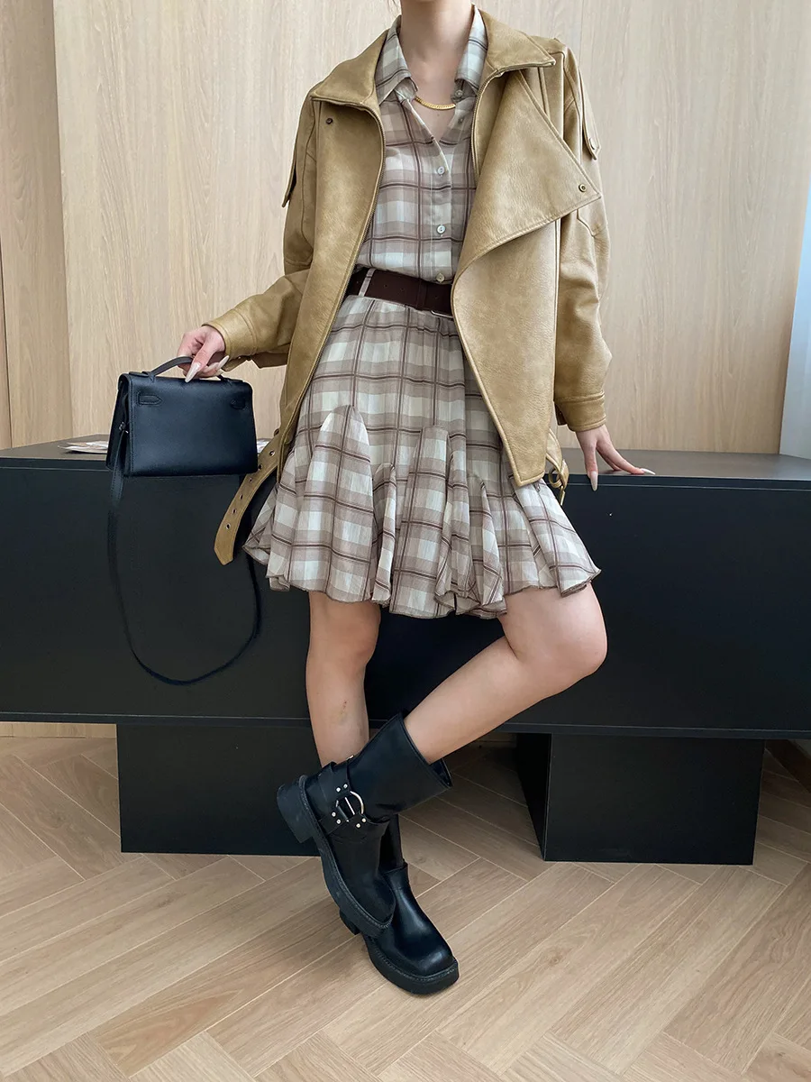 2025 Spring And Autumn Khaki Plaid Shirt Dress Lapel Long Sleeve Ruffle Mini Dress With Belt