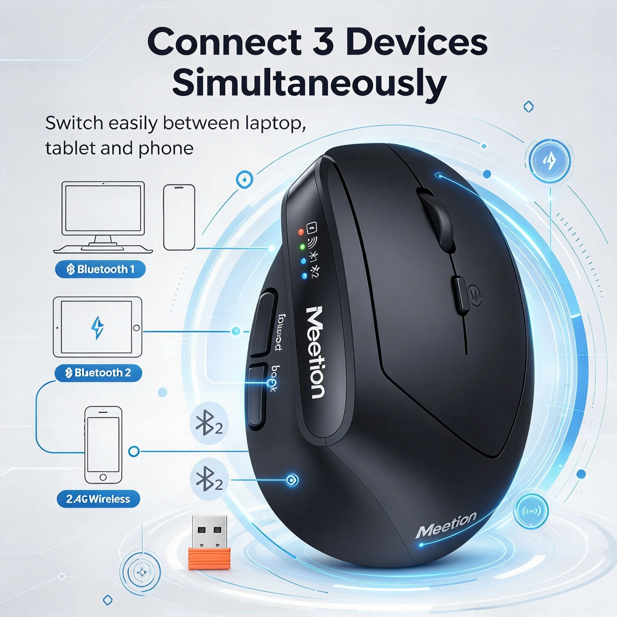 2.4G Bluetooth Wireless Dual-Mode Ergonomic Vertical Mouse 2400DPI Adjustable Rechargeable Optical Mouse For PC Computer Laptop