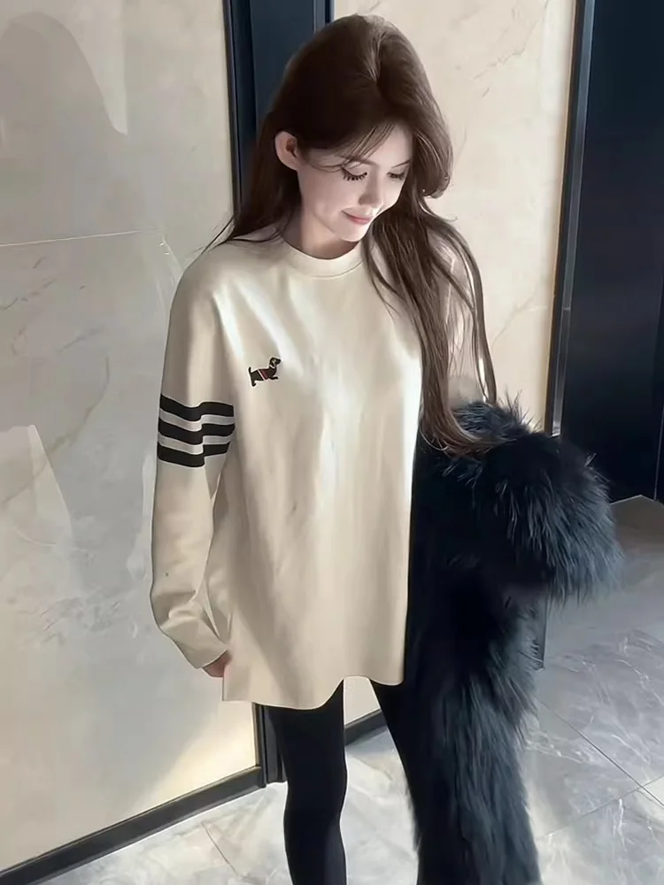 Women's Long Sleeve Fleece Lined T-Shirt Loose Fit mid Length Cover Butt Inner Wear Base Shirt Korean Style Commute Fashion