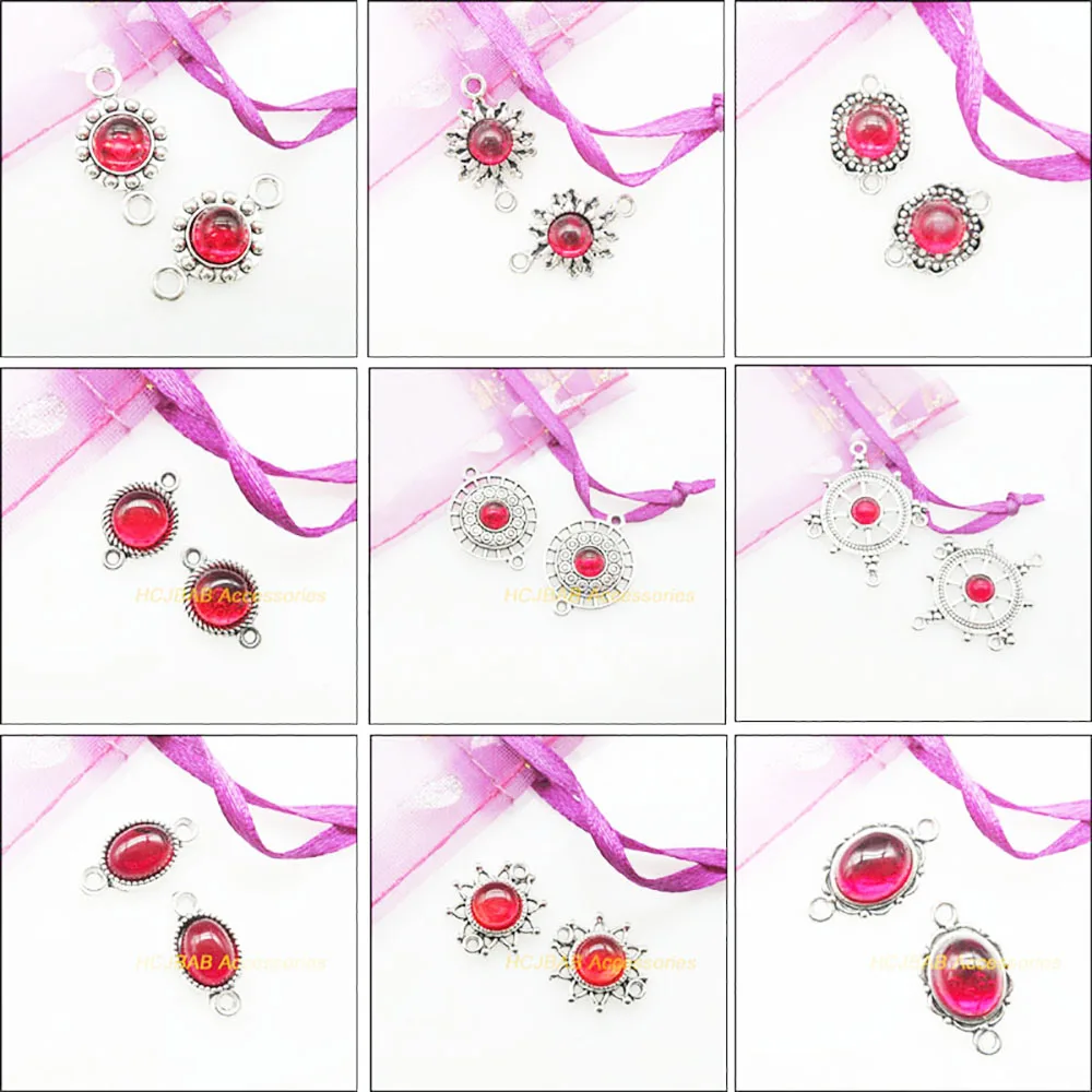 New Retro Sun Flower Round Oval Charms Antiqued Silver Plated Red Glaze Connectors For Gifts Jewelry