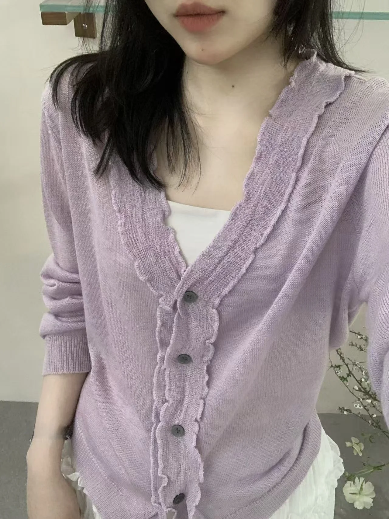 

LilianMr Meet Korean Style Simple V-neck Lace Splicing Knitted Open Cardigan Women's Long Sleeve Regular Fit Color