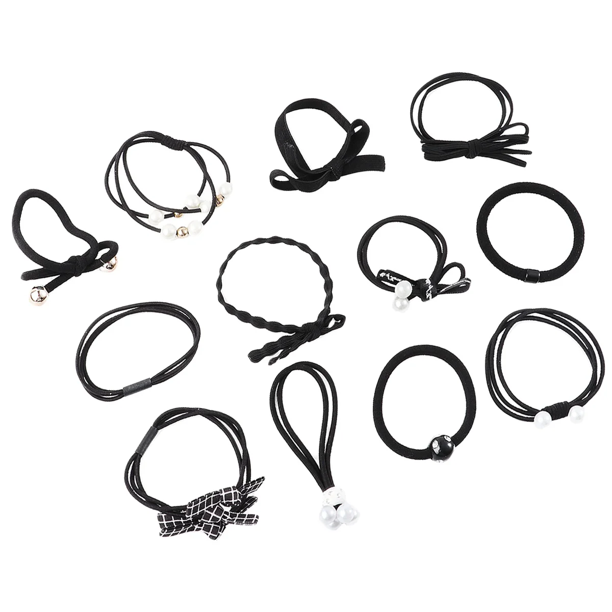 

1 Set of 12pcs Boxed Stretch Hair Ties Sweet Imitation Pearl Beads Inlaid High Elastic Ponytail Holders Hair Ropes (Black)