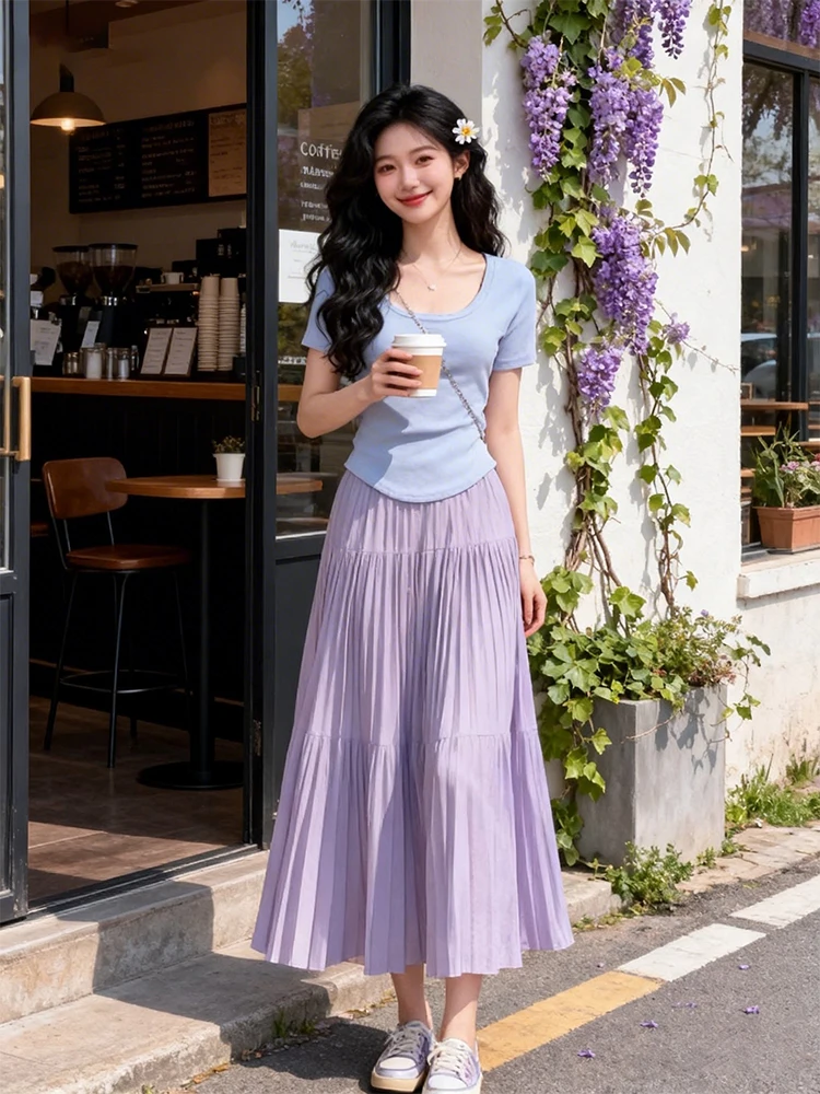 

Summer Travel Outfit Set Women's Waist-Cinching Square-Neck T-Shirt And Pleated Midi Skirt Slimming Purple Two-Piece Set