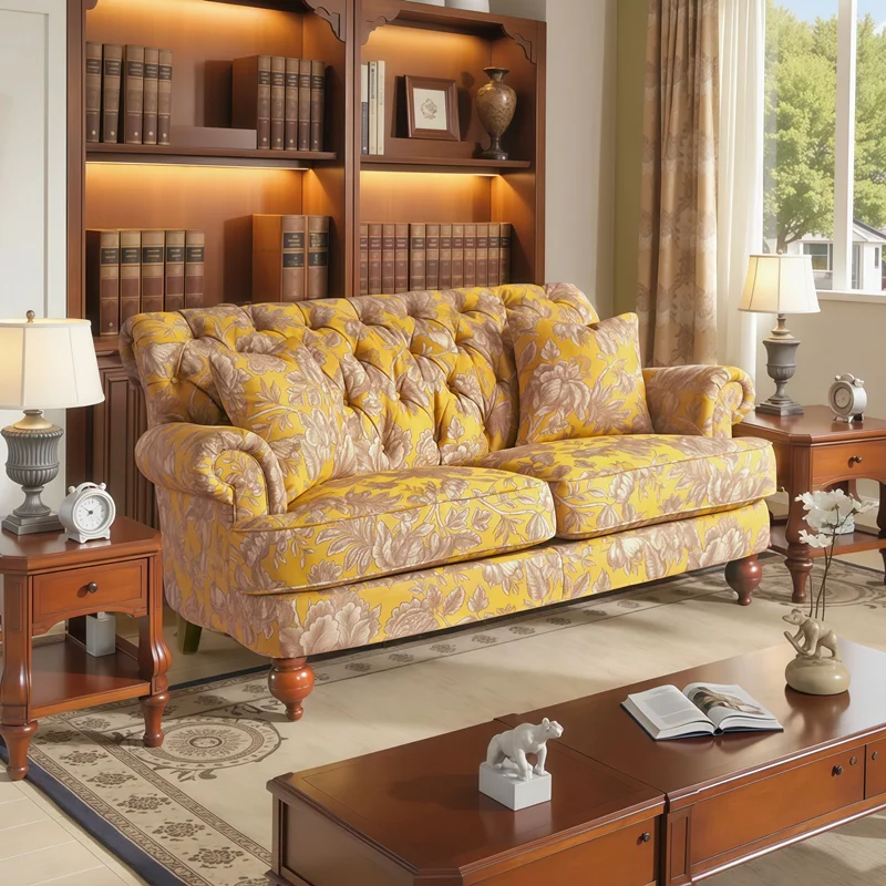 Retro buckle high back medieval style B & B cotton and linen jacquard fabric sofa living room small apartment three-person sofa