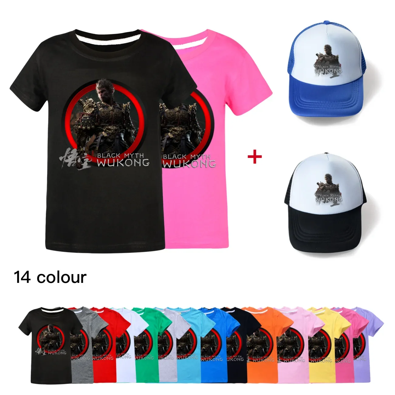 New Summer Kids Black Myth Wukong Game T-shirt Children T Shirt Toddler Baby Short Sleeves Tshirt & Baseball Cap Hat3745