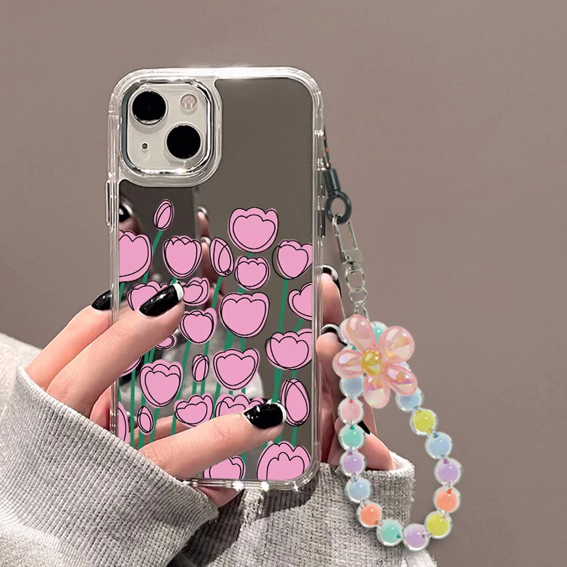 Tulip Wrist Chain Lanyard Cosmetic Mirror Phone Case for iPhone 15 Pro Max 11 12 13 16 14 ProMax Plus XR XS Max Phone Case Cover