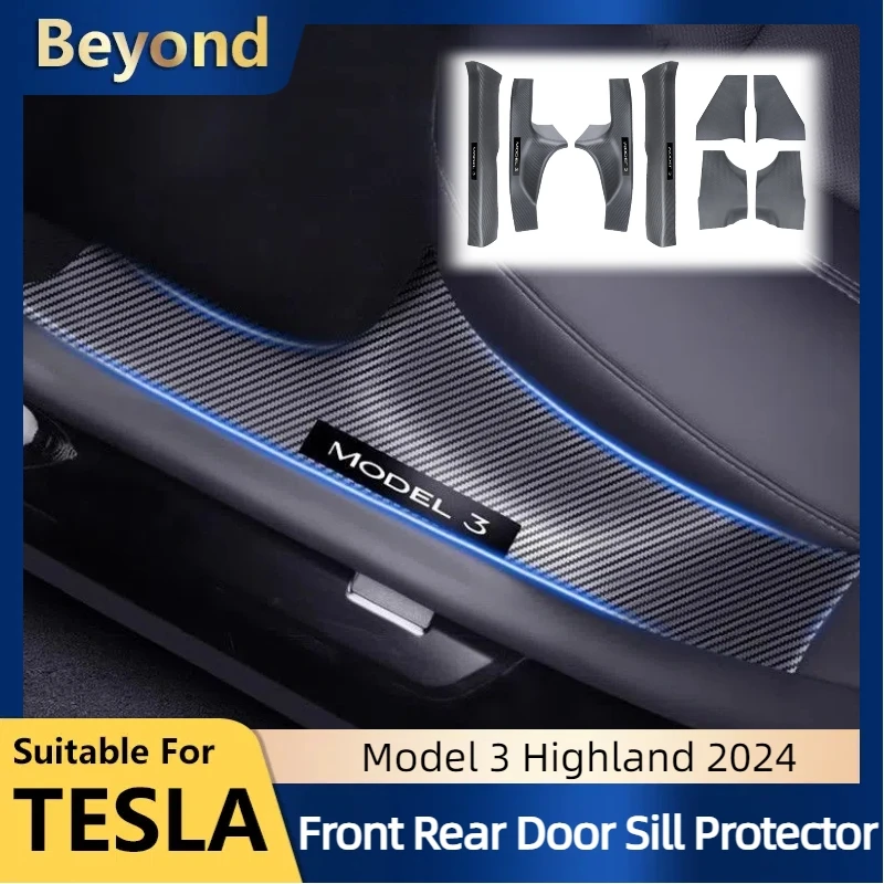 4/8PCS Front Rear Door Sill Protector For Tesla Model 3 Highland 2024 Door Sill Scuff Plate Guard Pedal Kick Protection Strip