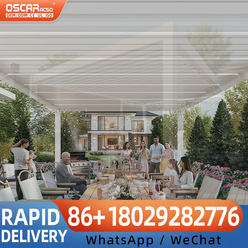 Retractable Louvered Aluminum Pergola with Automatic Waterproof Roof and Wind Detection for Balcony Villa Motorized Outdoor Stru