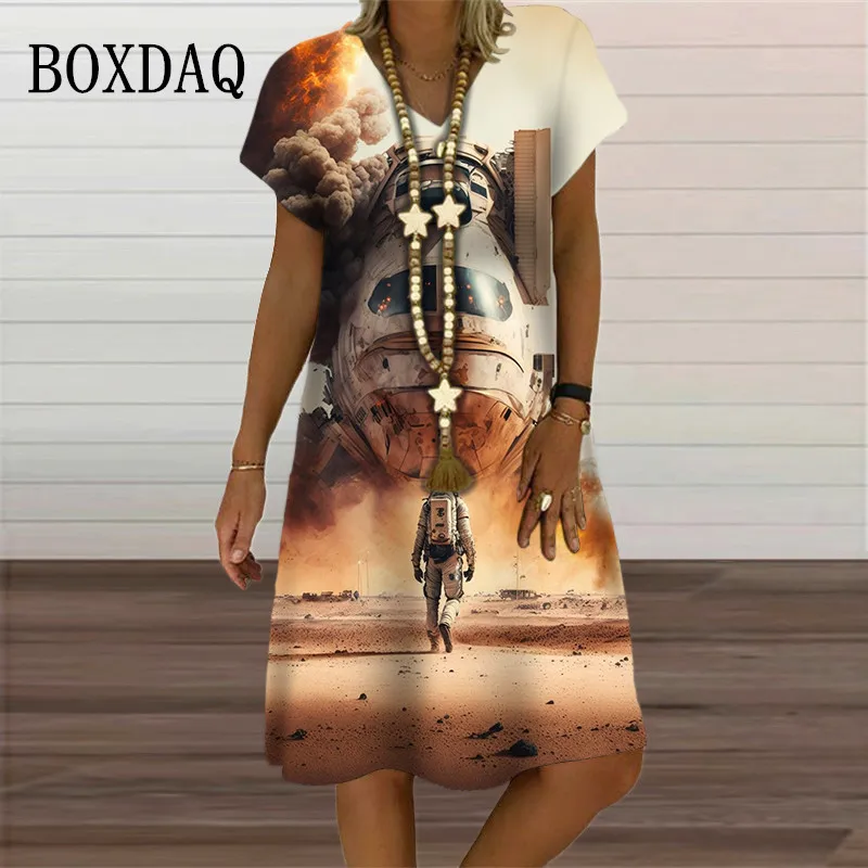 2023 New Summer Dress Fashion Pattern Space Astronaut 3D Printed Women Clothes Loose Oversized Casual V-Neck Short Sleeve Dress