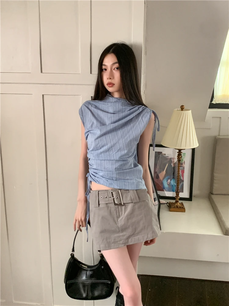 CHEERART Y2k Fashion Blue Striped Ruched Shirring Crop Top For Women 2023 Sleeveless Tees Crew Neck Short T Shirt Summer