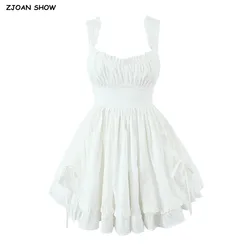 2025 Princess White Wood ears Ruched Chest Tank Dress Retro Women Ruched Waist Lacing Up Bow 2 Layers Ball Gown Cake Dresses