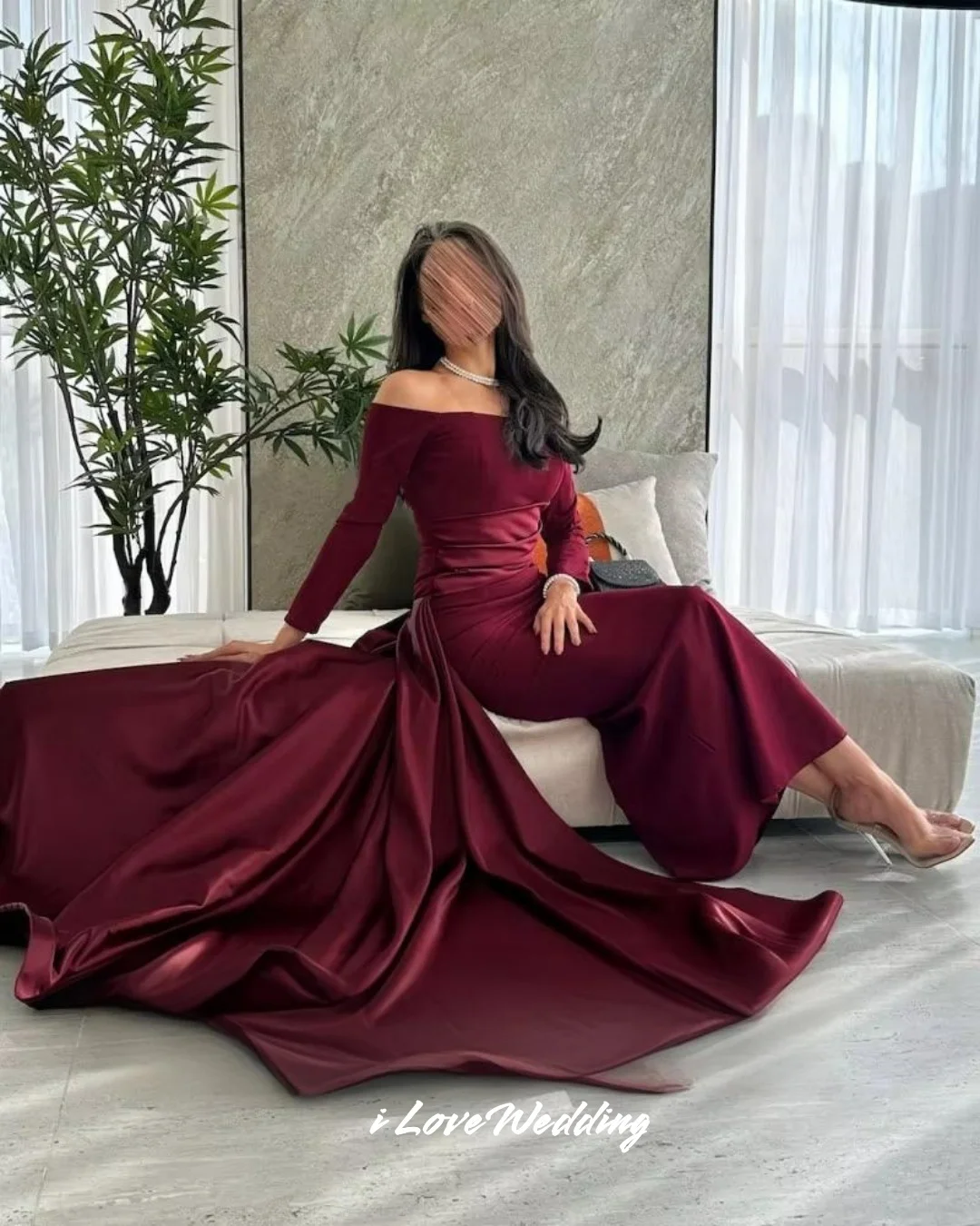 バーガンディ ストレス イブニングドレス 2025 オフショルダー 長袖 マーメイド スウィープトレイン ロング丈 ウェディング パーティー ドレス カスタムメイド