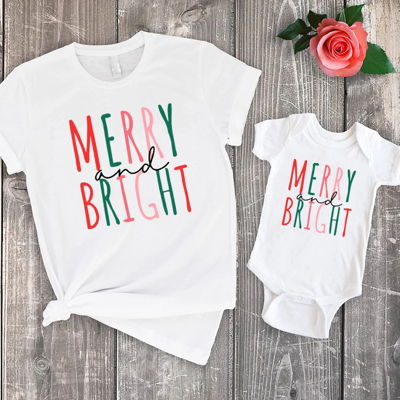 

Family Tshirt Merry Bright Shirt Christmas Matching Family Outfits Mom and Me Toddler Girl Clothes Baby Clothes