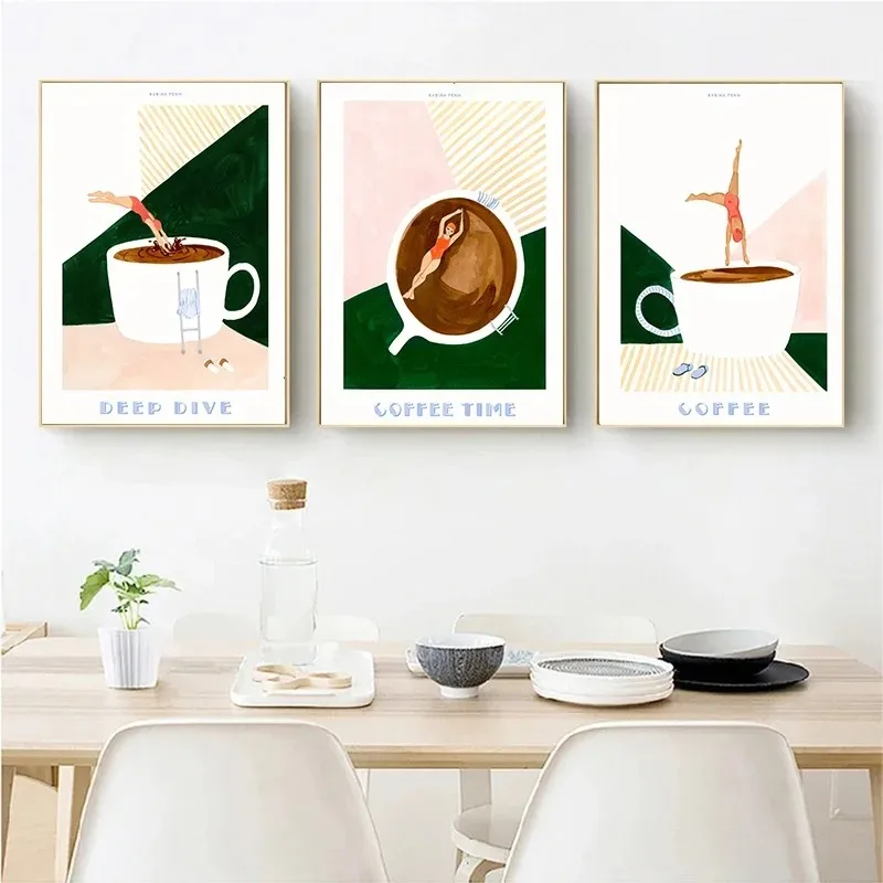 Bohe Coffee Swimming Pool Girl Swimming Diver Posters Prints Canvas Printing Wall Art Picture for Kitchen Room Coffee Shop Decor