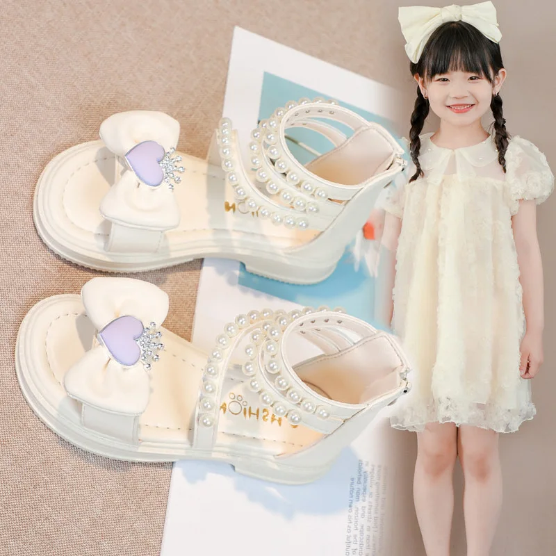 Children's Sandals Summer Elegant Princess Shoes for Girls Fashion Sweet Bow Kids Causal Pearl Roman Sandal High-top Beach Shoes