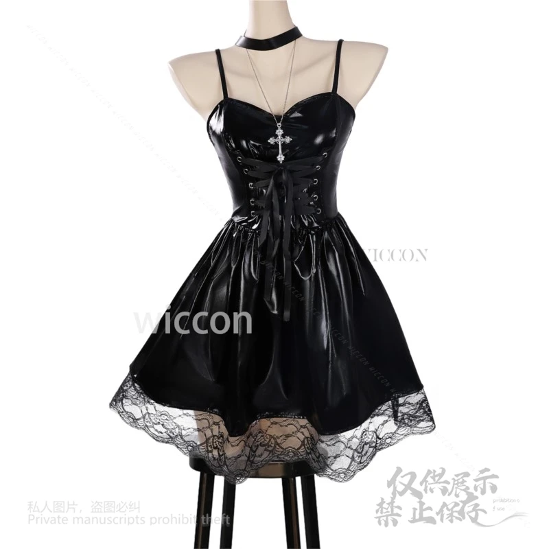 Аниме Миса Амане Косплей Костюм Японская кружевная отделка Готический стиль Y2K Костюм Ожерелье Сексуальные парики Женское кожаное платье Хэллоуин