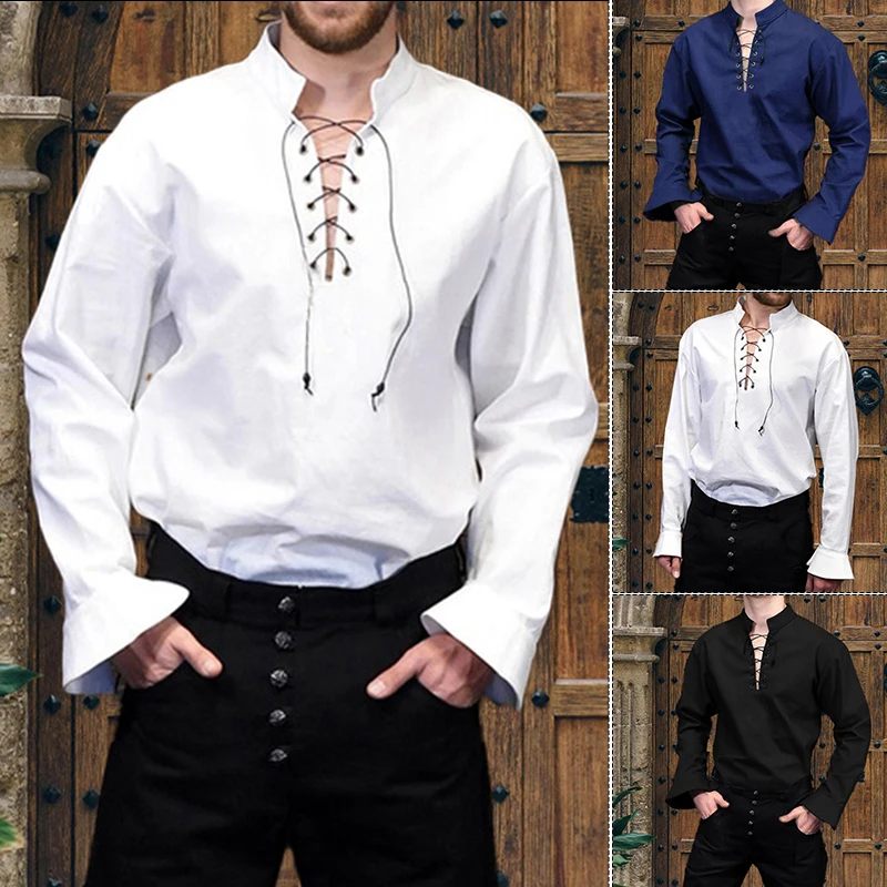 

Мужская винтажная расклешенная рубашка в средневековом стиле, Мужская футболка с воротником стойка и лацканами в стиле стимпанк, Мужская одежда для косплея