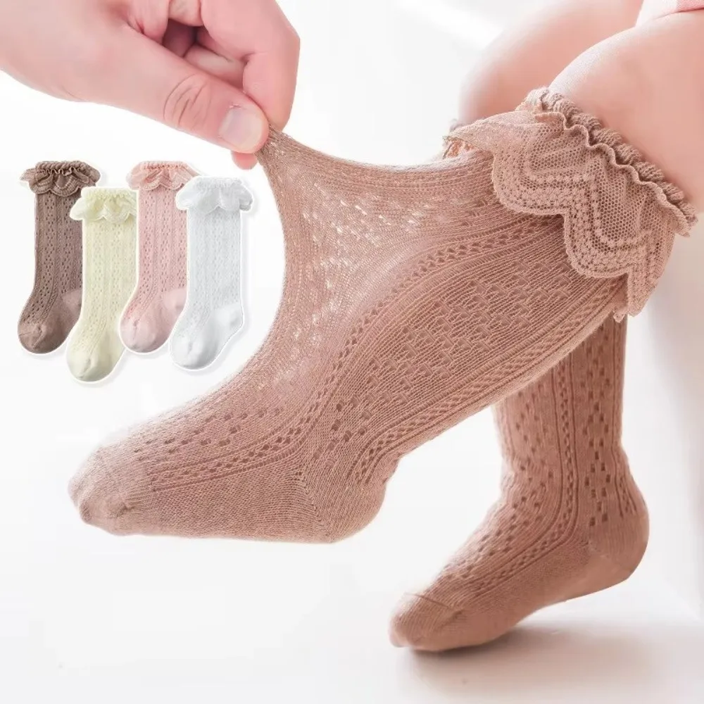 High-quality lace princess baby knee-high socks mesh breathable cotton stockings hollow children socks  0-3 years old.